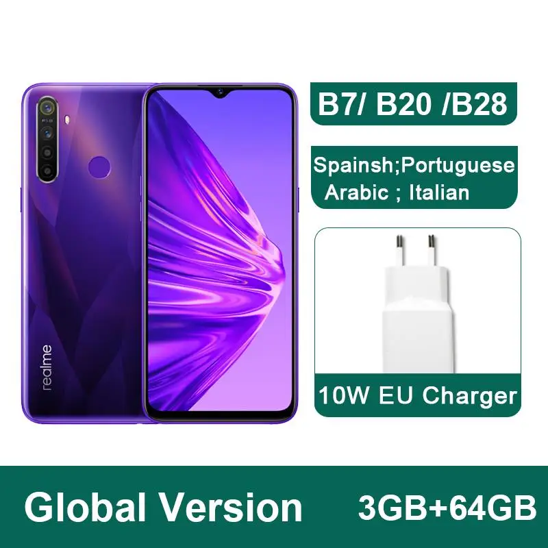 Глобальная версия realme 5 3GB 64GB 6,5 ''мобильный телефон Snapdragon 665 Восьмиядерный четырехъядерный мобильный телефон 5000mAh VOOC 10W быстрое зарядное устройство - Цвет: 3GB 64GB Purple