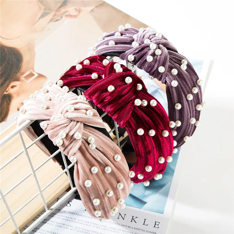 

2019 Fashion Korean Acrylic Fabric Solid Color Horizontal Stripes Knotted Imitation Pearl Embellishment Women's Family Headband