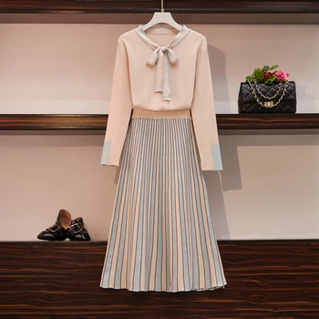 

Women Fall Winter Bow Collar Long Sleeved knitted Sweaters Jumpers Tops + A-Line Striped Pleated Skirt Knitted 2PCS Clothing Set