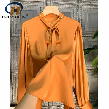 

12.14 2020 New Women 100% Silk Shirt Bow collar Pearl button decoration Batwing Sleeve Temperament Solid Blouses
