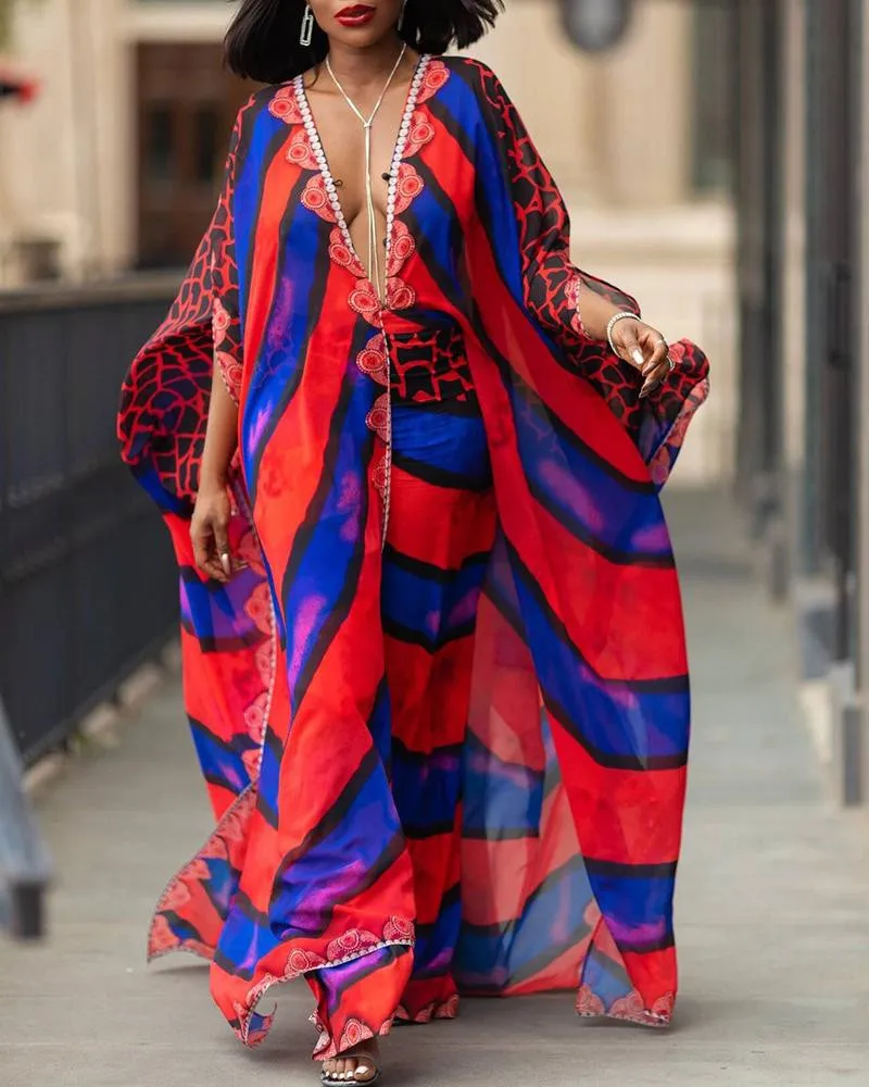 

Colorful Striped Print Plunge Cover Up And Pant Sets