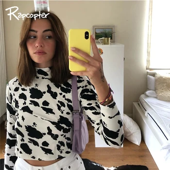 

Rapcopter Cow Print Women T Shirt Cute Crop Top Long Sleeve Tshirt Turtleneck Tee Top Autumn New Casual Tee Shirt Skinny T shirt