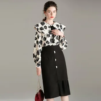 

Skirt Suits Ladies 2020 Spring Women's New Fashion Long sleeve Printed top + Black Skirt Two Piece Set