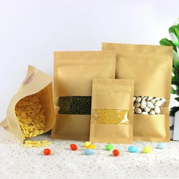 

100 Pcs Kraft Paper Food Bag with Zip Lock, Reusable Sealing Bag Pouch with Clear Window for Storing Cookie Dried Food Snack
