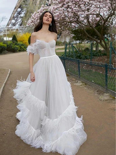 ivory color Смайлик А-силуэта свадебное платье элегантное перо Бохо платья невесты vestido de casamento турецкие свадебные платья - Цвет: ivory color