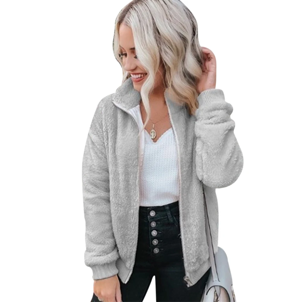 grey HEFLASHOR Женская флисовая куртка осень зима женские короткие однотонные Пальто повседневные Свободные теплые куртки на молнии Верхняя одежда розовая одежда - Цвет: grey