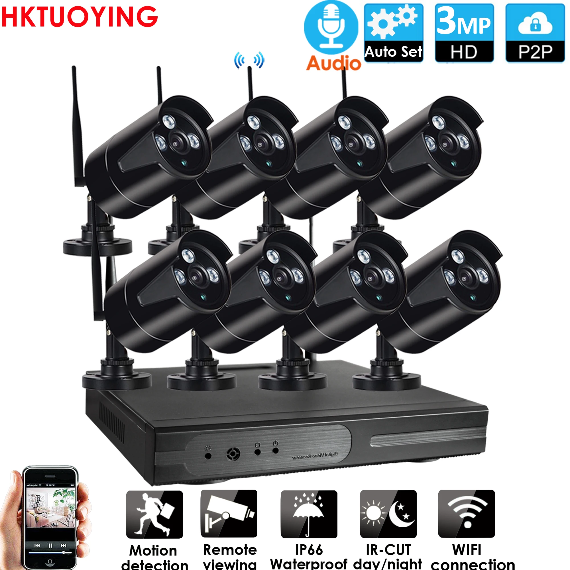 Plug & play 8CH 3MP HD аудио беспроводной NVR комплект P2P 3 0 P Крытый Открытый ИК ночного