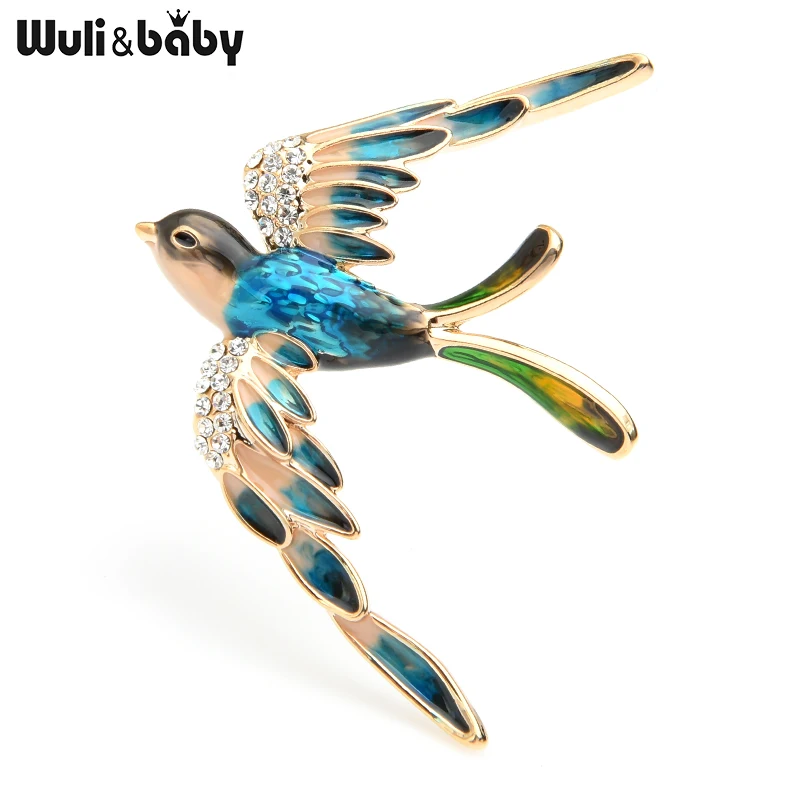 Wuli&baby, 3 цвета, летающие Броши с ласточкой, для женщин, сплав, стразы, синий, фиолетовый, разные цвета, птица, брошь на свадьбу, булавки, подарки