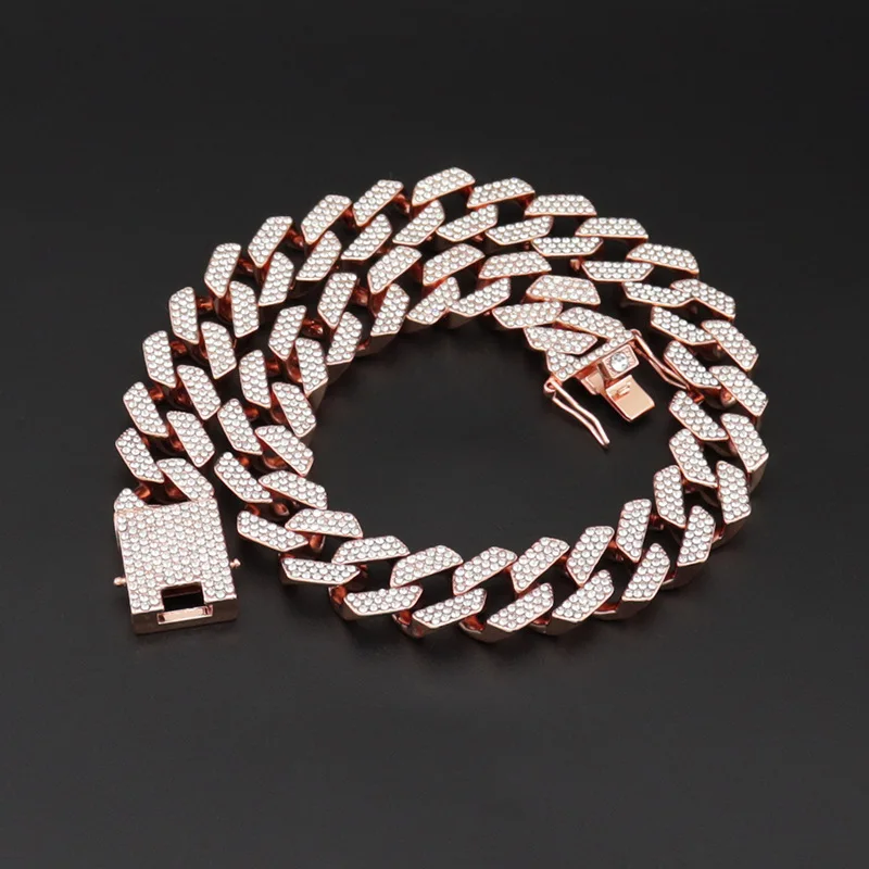 

19MM Exaggerated Hip Hop Men Bracelet&Necklace Luxury Alloy Rhinestone Bold Gold Cuban Chain Trendy Unisex Jewelry