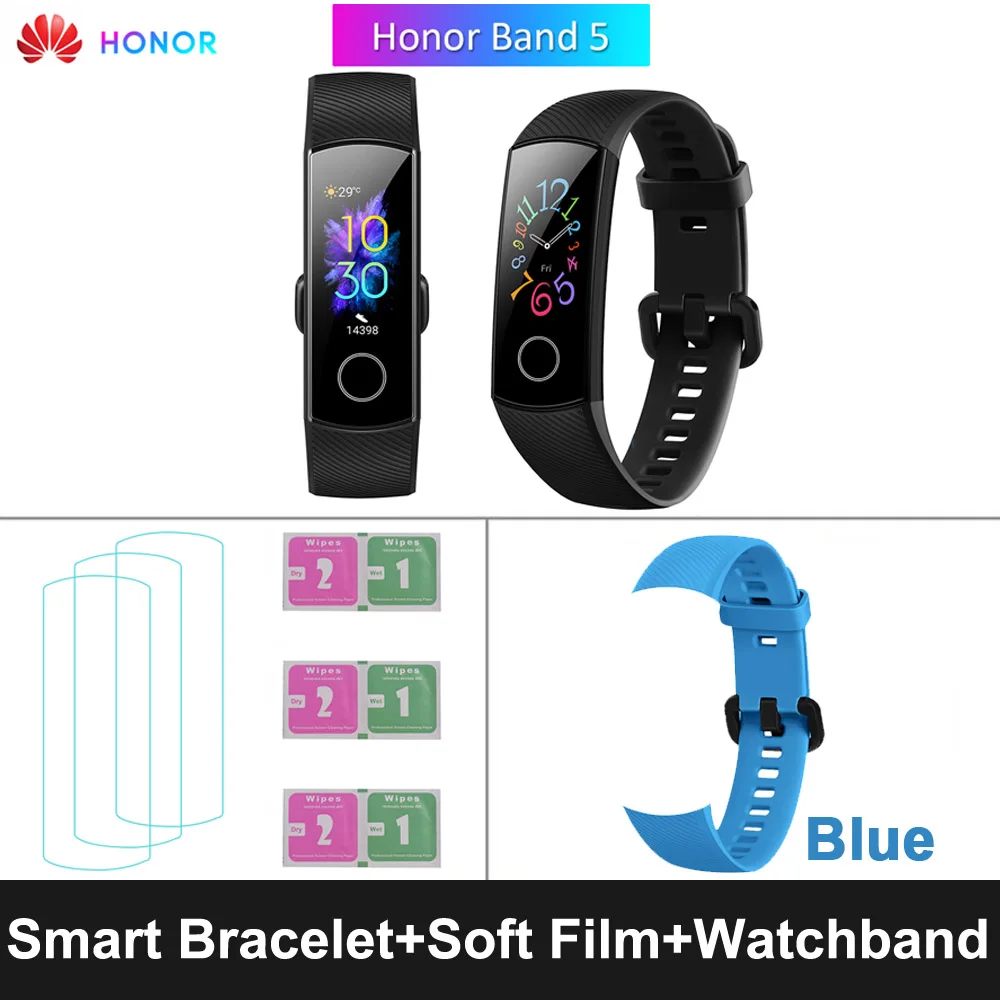 HONOR Band 5 фитнес умный Браслет мониторинг сердечного ритма 5 АТМ водонепроницаемый плавающий Bluetooth 4,2 смарт часы наручные часы - Цвет: Black Blue Strap