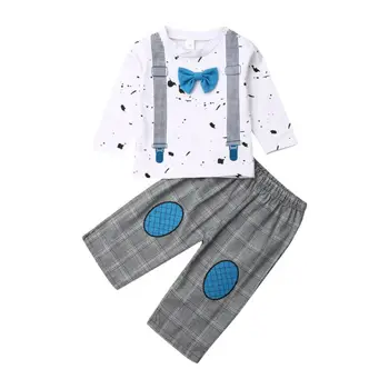 激安 幼児キッズベビーボーイリトル紳士ボウタイ Tシャツトップス + チェック柄パンツ服セット