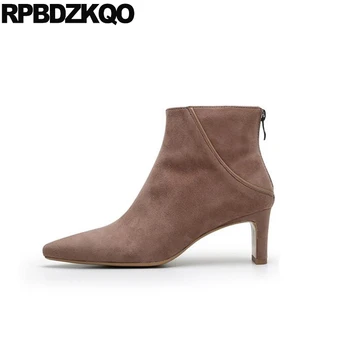 

booties autumn ankle chunky pointed toe fashion brand women winter boots genuine leather high heel suede brown shoes 2019 block