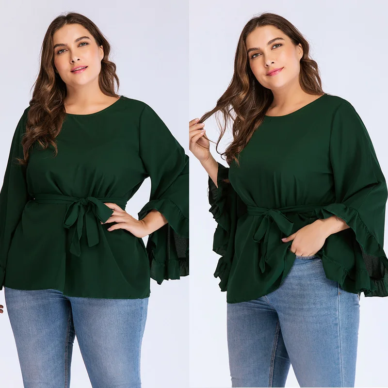 new autumn winter plus size tops for women long sleeve large cotton O neck casual loose T shirt belt green 4XL 5XL 6XL 7XL