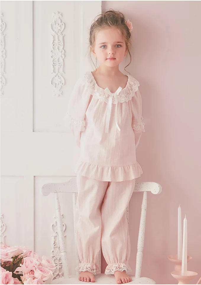 Children Girls Cotton Lolita Dress Pink Princess Sleepshirts Vintage Girl Lace Nightgown.Royal Toddler Kid Nightdress Loungewear designer pajama sets