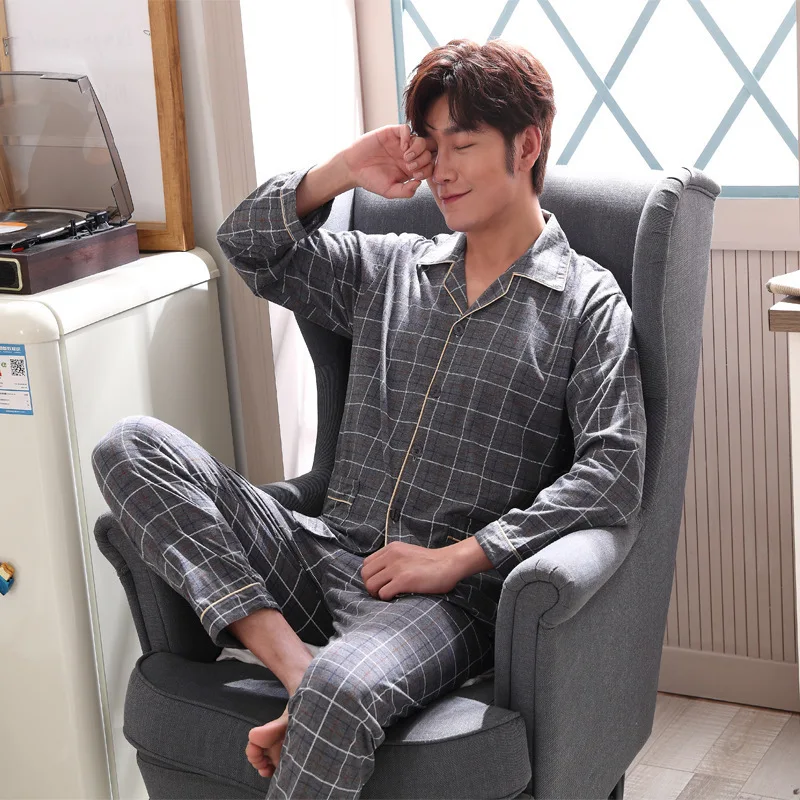 

Autumn and Spring Knitted Cotton Men's Pajamas Long-sleeved Cardigan Plus Size Home Service Suit Double-sided Pigiama Uomo 2020