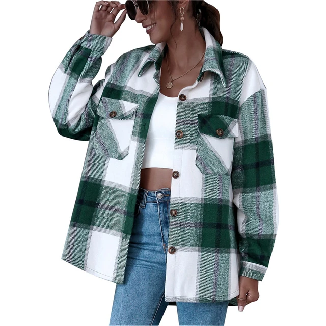 90s Vintage Stylish Pockets Oversized Green Plaid Jacket Coat