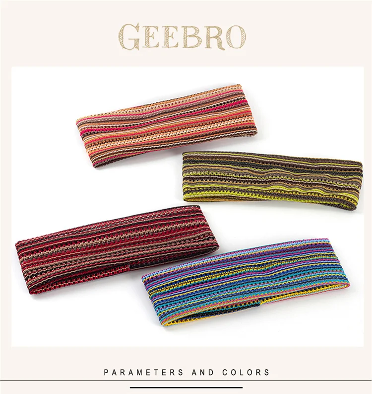 Geebro Vintage Multicolor Streifen Sport Haarband Für Männer Frauen Spezielle Desgin Outdoor Stirnband Böhmen Flache Stirnband Elastische – Detail 1