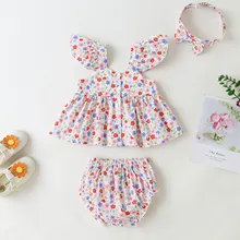 Fashion Summer Newborn Infant Baby Girl Dress Ruched Floral Tops Shorts Hairband Kawaii Clothes Outfits Set Bimba 2021 Платье