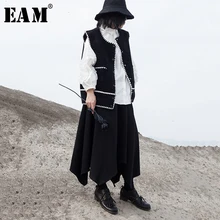 [EAM] женский черный Свободный жилет с разрезом, новинка, круглый вырез, без рукавов, модный стиль, весна-осень 19A-a445