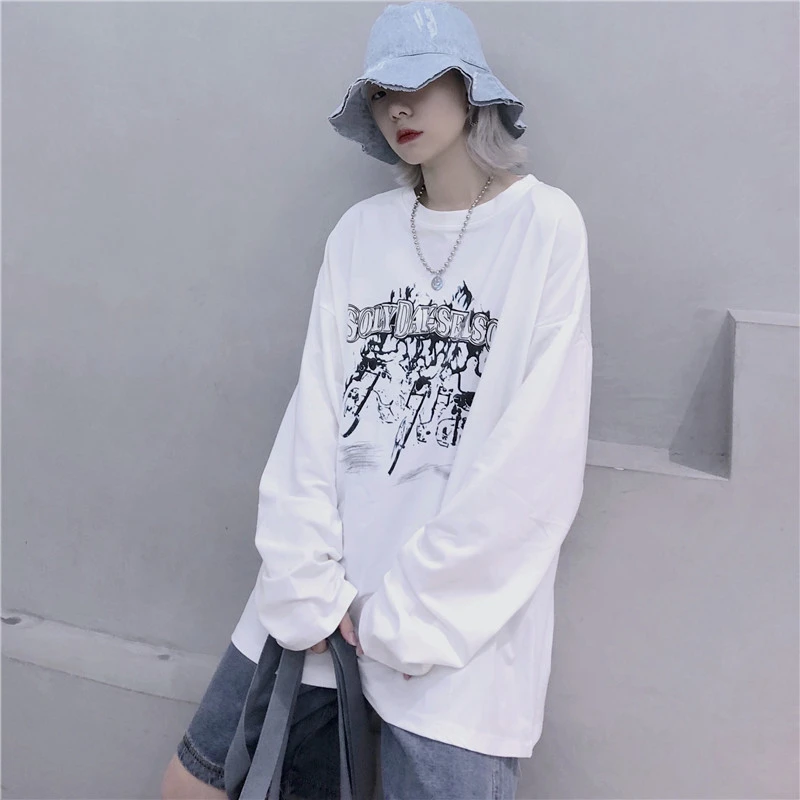 Harajuku уличная футболка для женщин осенняя одежда Корейский Ulzzang винтажные рок