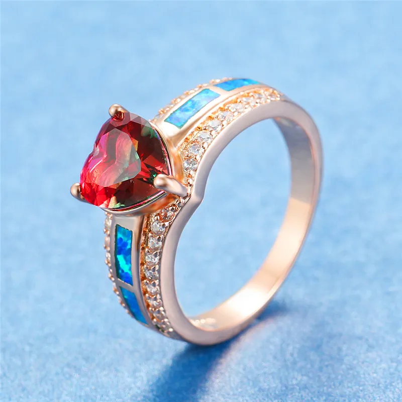 Rose Gold Red Green Роскошный женский браслет с сердцем из опала кольцо с Циркон с радужным блеском модное розовое золото серебро вечерние кольца классические обручальные кольца для женщин - Цвет основного камня: Rose Gold Red Green
