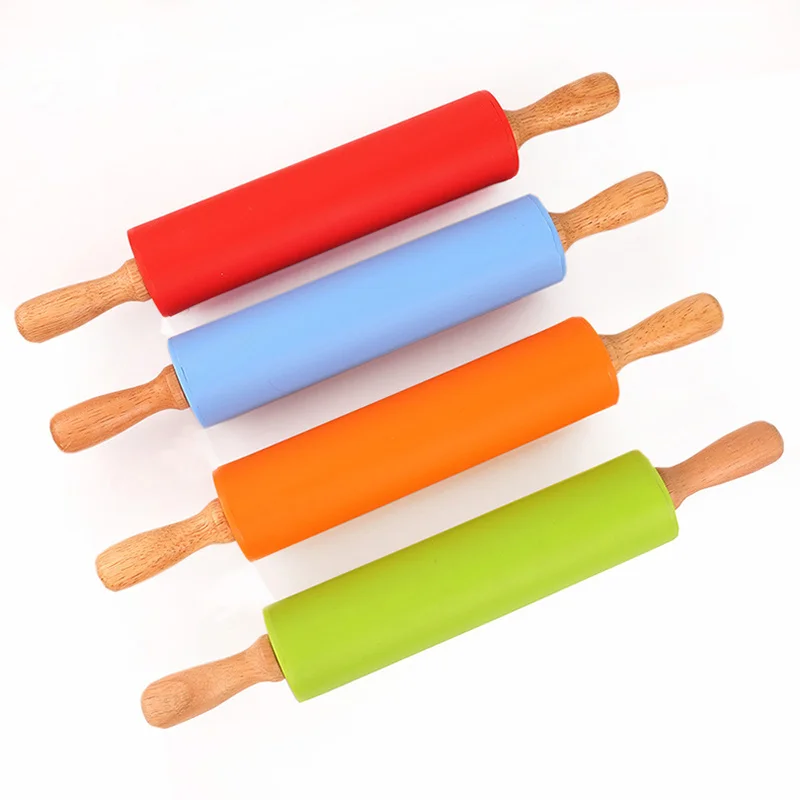 Wooden Handle Silicone Rolling Pin Dough Roller Kitchen Baking Tool for Fondant Cake Pasta Cookie Dough Bakery Pastry Tools