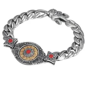 

925 Sterling Silver Jewelry Men Bracelet Turquoise Buddha Vajra Mantra Zodiac Gossip Rotatable Bracelet Bangle