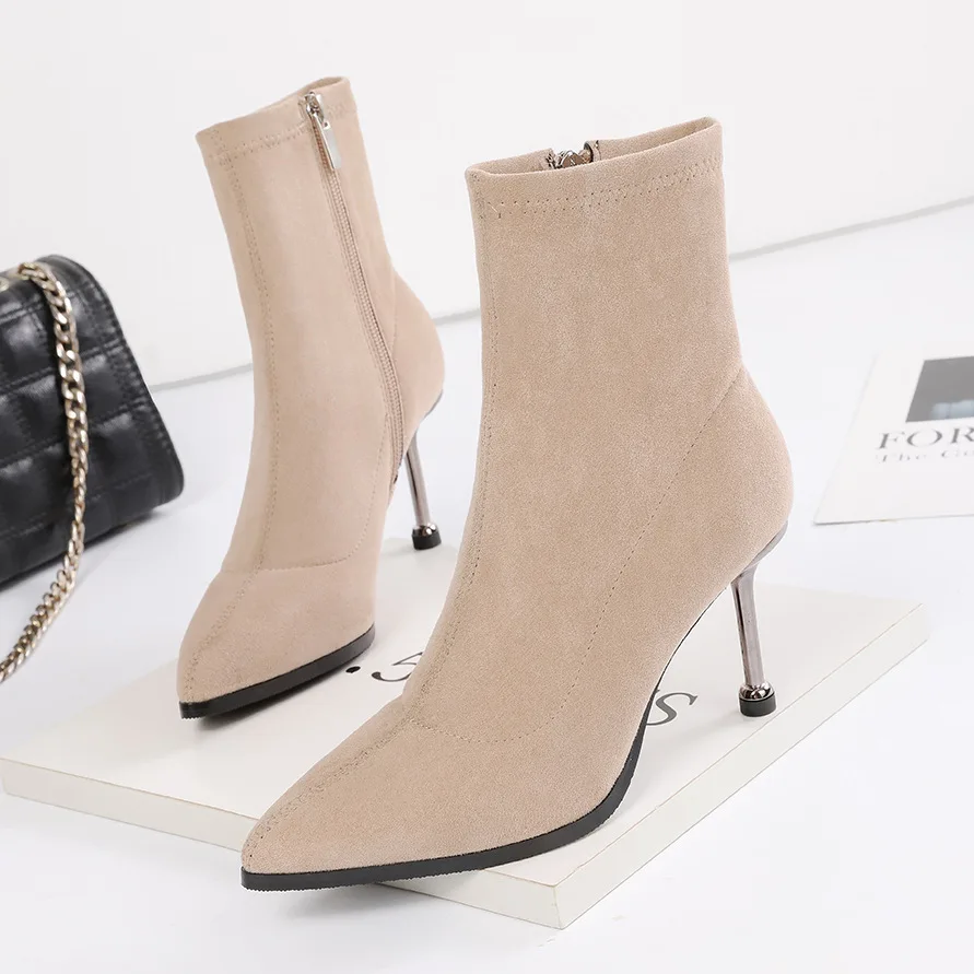 

2020 New Winter Women Ankle Boots High Thin Heel Pointed Toe Solid Zipper Sexy Office Ladies Women Shoes Black Short Warm Boots