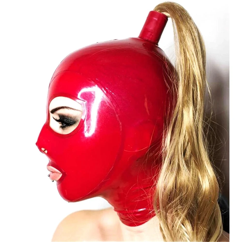 Cagoule en Latex rouge avec perruque blonde, masque exotique Sexy fait à la  main, queue de cheval, tenue de Club, Costumes fétiches, taille XS-XL -  AliExpress