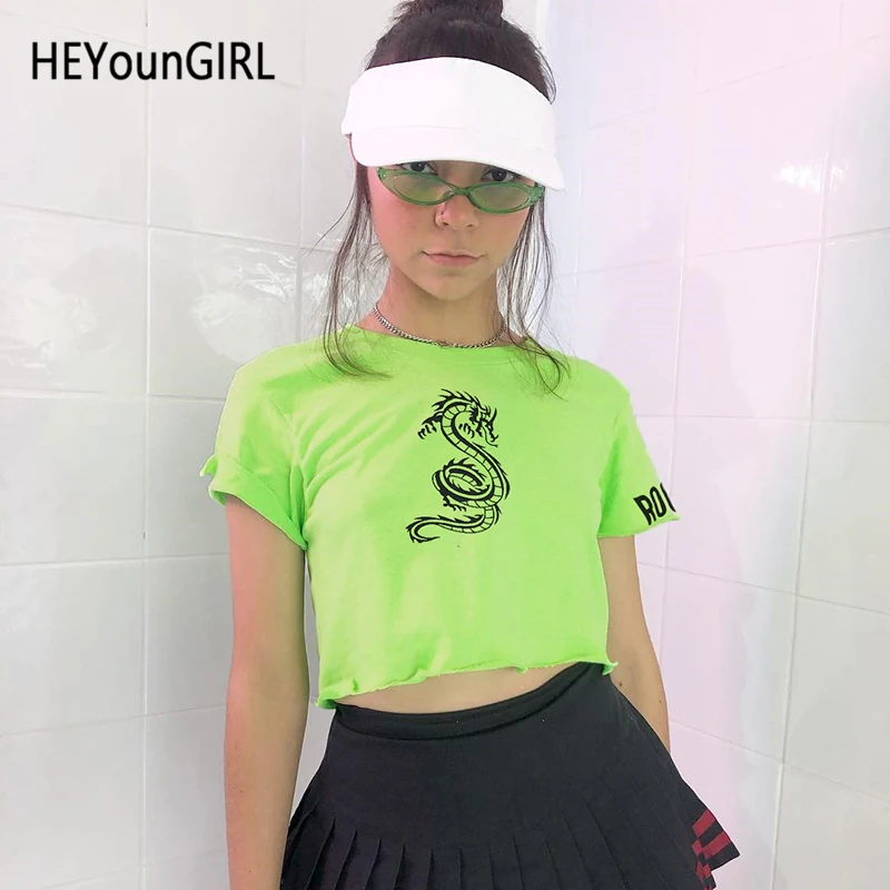 HEYounGIRL/футболки с короткими рукавами и принтом дракона, Хлопковые женские зеленые повседневные свободные укороченные топы, футболки, базовая футболка Harajuku, Женская Корейская футболка