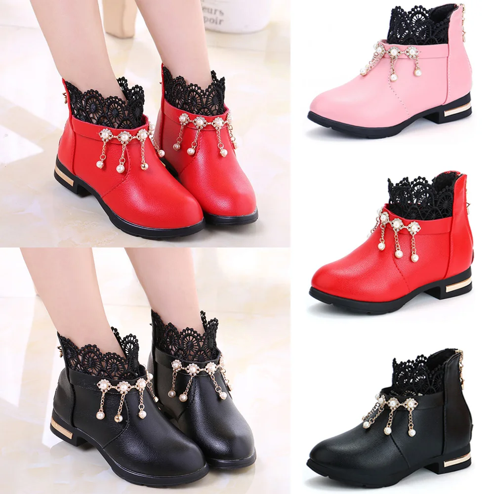 

Lace Girls Princess Boots For 2-6 Years Winter Kids Snow Boots Pearl Pendant Decor Fashion Girl Shoes Low-heeled Kids Shoes D30