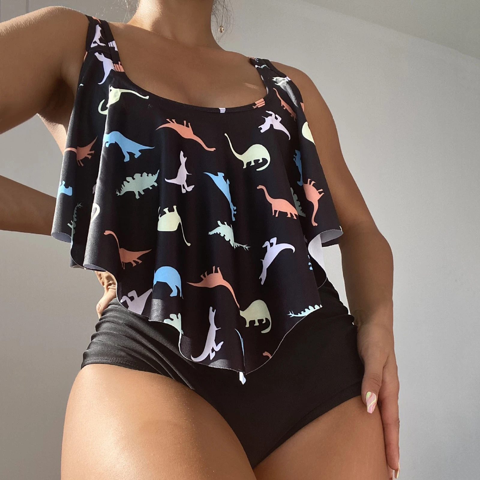 Bañador con estampado de dinosaurio para mujer, traje de baño de dos piezas con estampado de dinosaurio y correa de empalme, Bikini Sexy con ropa de baño de Corea|Conjunto de tankinis| -