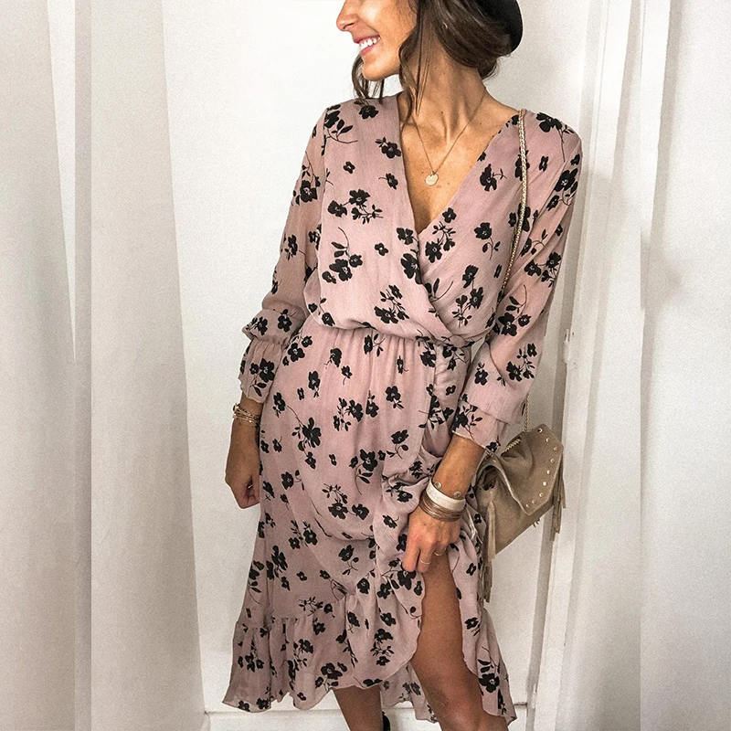 v neck long sleeve printed split casual dress