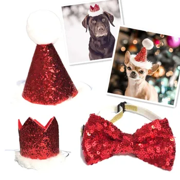 

Christmas Pet Dog Cat Bow Tie and Cap Cute Red Bowknot Tie Collar Adjustable Pom-poms Topper for Dog Party Dog Cap Pet Accessory
