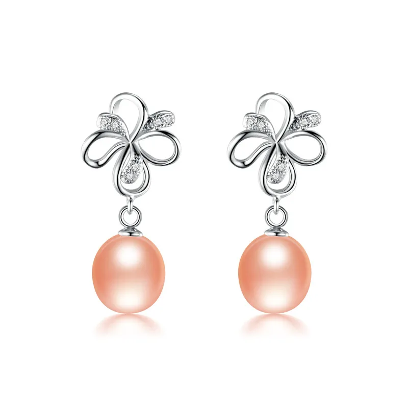 pink pearl earring Flower 8-9mm Genuine Natural Freshwater Pearl Drop Earrings For Women, 925 Sterling Silver Jewelry Earrings New - Цвет камня: pink pearl earring