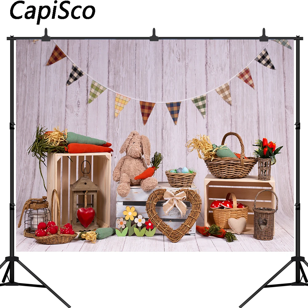 

Capisco Photography Backdrops Spring Scenery Peter Rabbit Radish Toys Wooden Backdrop Easter Egg Flags Newborn Photo Background