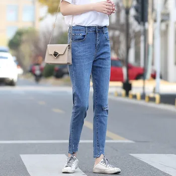 

Lady Jeans Spring Plus Size Pencil Pants Women Stretch Denim Trousers Blue Female Asymmetry Hole Leg Jeans Casual 2020 D6-9230