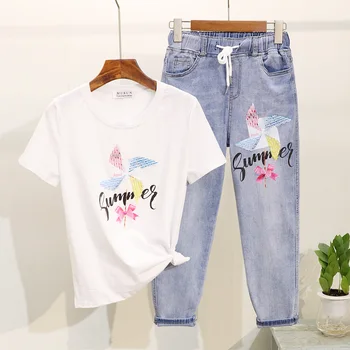 

2020 Summer Women Outfits Windmill Print Cotton T-shirt + Elastic Waist Denim Pants Set Loose Jeans + White Tee Tops Female 2pc
