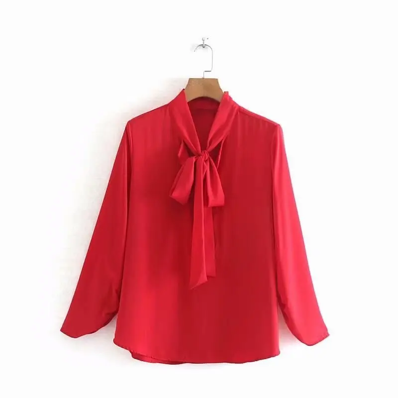 

Solid Women Stand Collar Bow Tie Shirt Loose Smock 2019 Autumn Leisure Lady Long Sleeve Blouse Tops S6257