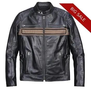 

2020 Men Black American Style Motorcycle Leather Jacket Stand Collar Plus Size XXXL Genuine Cowhide Atumn Biker's Leather Coat