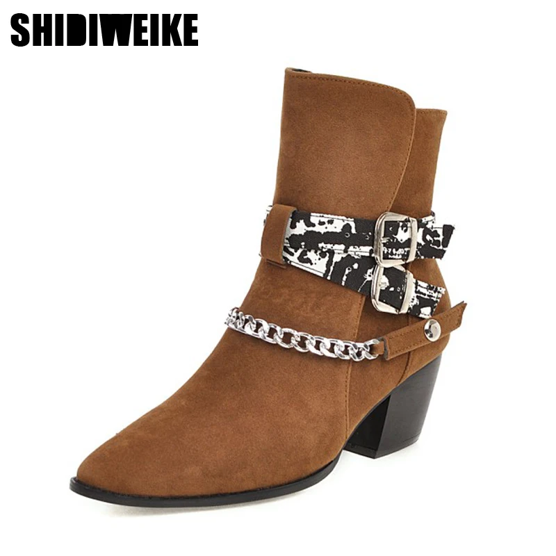 

Size 34-43 Snake Print Cross Buckle Chain Woman Booties Black Block Heels Ankle Western Boots Cowboy Boots Women J520
