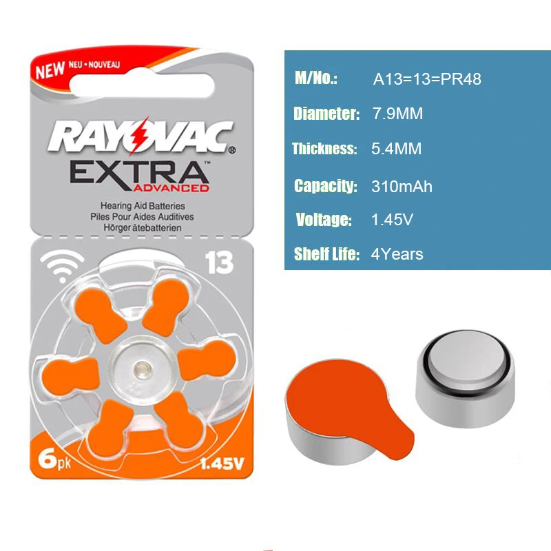 Батареи слухового аппарата 60 шт./1 коробка RAYOVAC EXTRA-A13/PR48/S13 цинк воздушный аккумулятор 1,45 в Размер 13 диаметр 7,9 мм толщина 5,4 мм