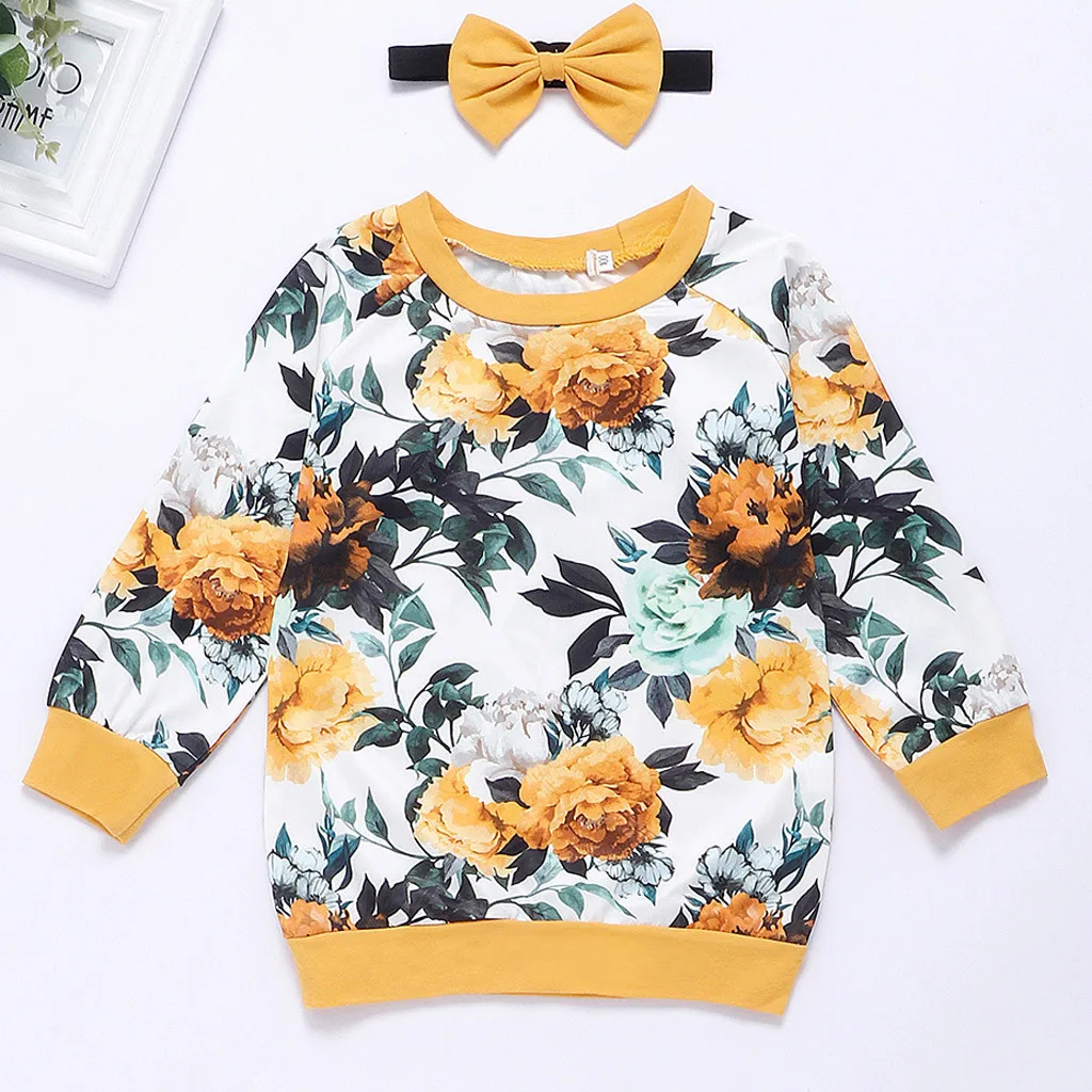 Toddler baby clothes set Winter Newborn Infant Baby Girl Flower Print long sleeve T-shirt Ruffle Pants Hairband 3pcs Outfits Set