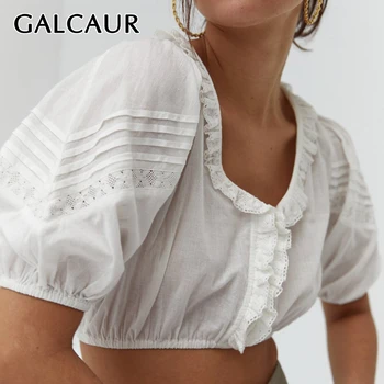 

GALCAUR Casual Patchwork Ruffle Shirt For Women V Neck Puff Sleeve Sexy Slim Shirts Blouse Female 2020 Summer Fashion New