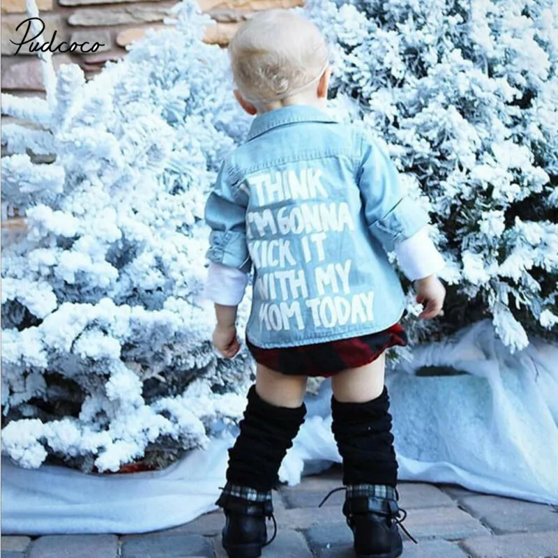 

Pudcoco Words Prints Denim Jacket 2019 New Autumn Toddler Baby Girl Clothes Turn Down Collar Tops Shirt Warm Coat
