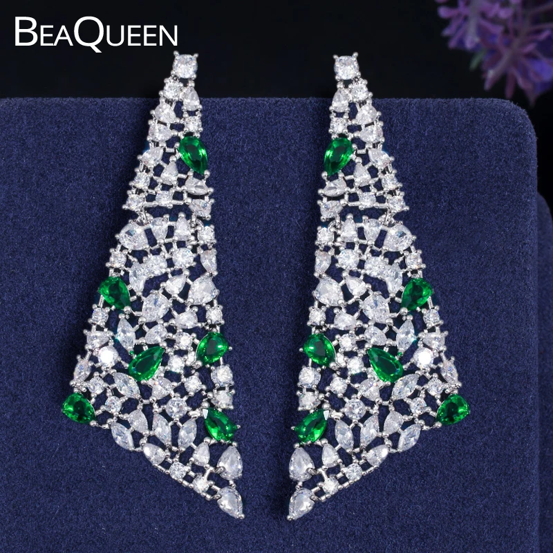BeaQueen Fashion Triangle Shape Irregular Cubic Zirconia Paved Big Drop Green Crystal Earrings for Women Geometric Jewelry E331 | Украшения