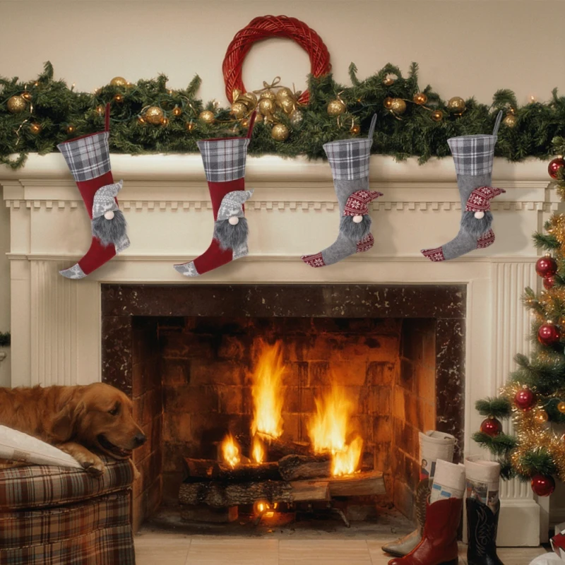 

Christmas Santa Stocking Xmas Tree Hanging Sock Plaid Pattern Gift Holder Bag with Santa Doll Ornament Christmas Home Decoration