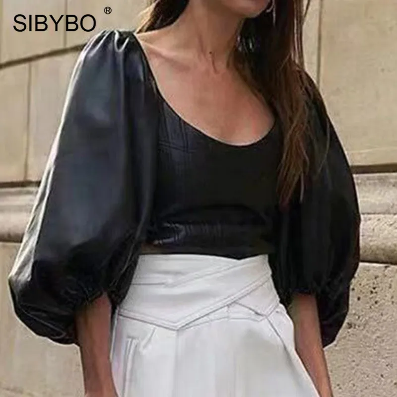 SIBYBO тонкий сексуальный короткий топ из искусственной кожи, женская модная летняя футболка с коротким рукавом, женские черные повседневные топы