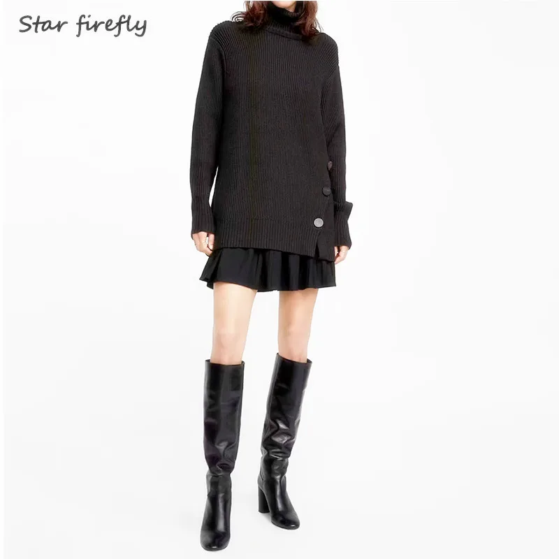 

Star firefly sweater female fashion 2019 winter long turtleneck pullover knitted sweater with button for elegant business ladies