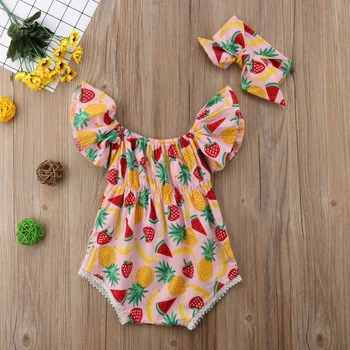 

Summer Newborn Baby Girls Rompers Set Flare Sleeve Fruit Print Bodysuit Jumpsuit with Headband